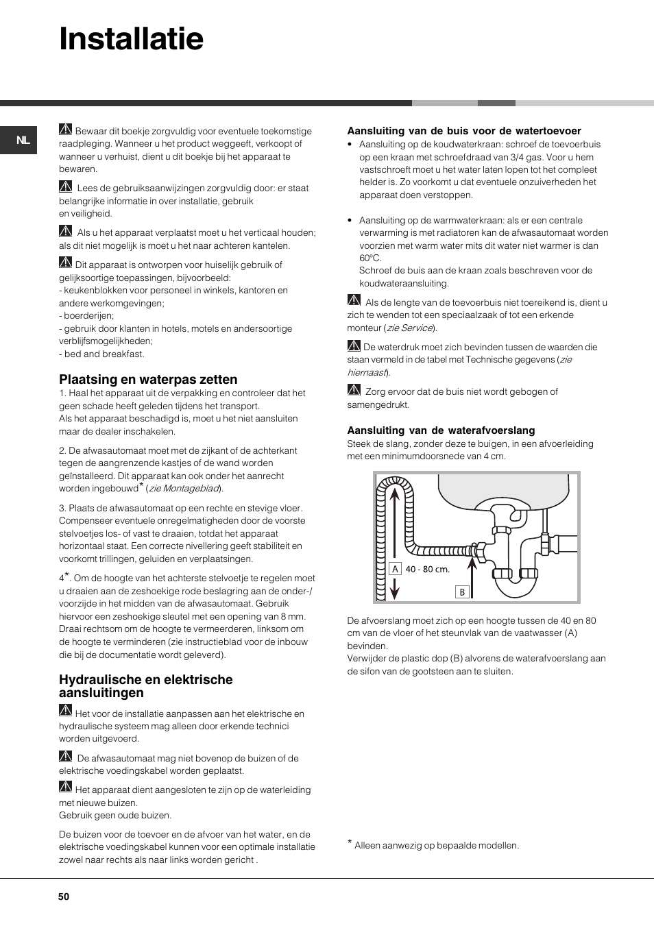 Installatie, Plaatsing en waterpas zetten, Hydraulische en elektrische aansluitingen | Hotpoint Ariston LFS 114 BK-HA User Manual | Page 50 / 84