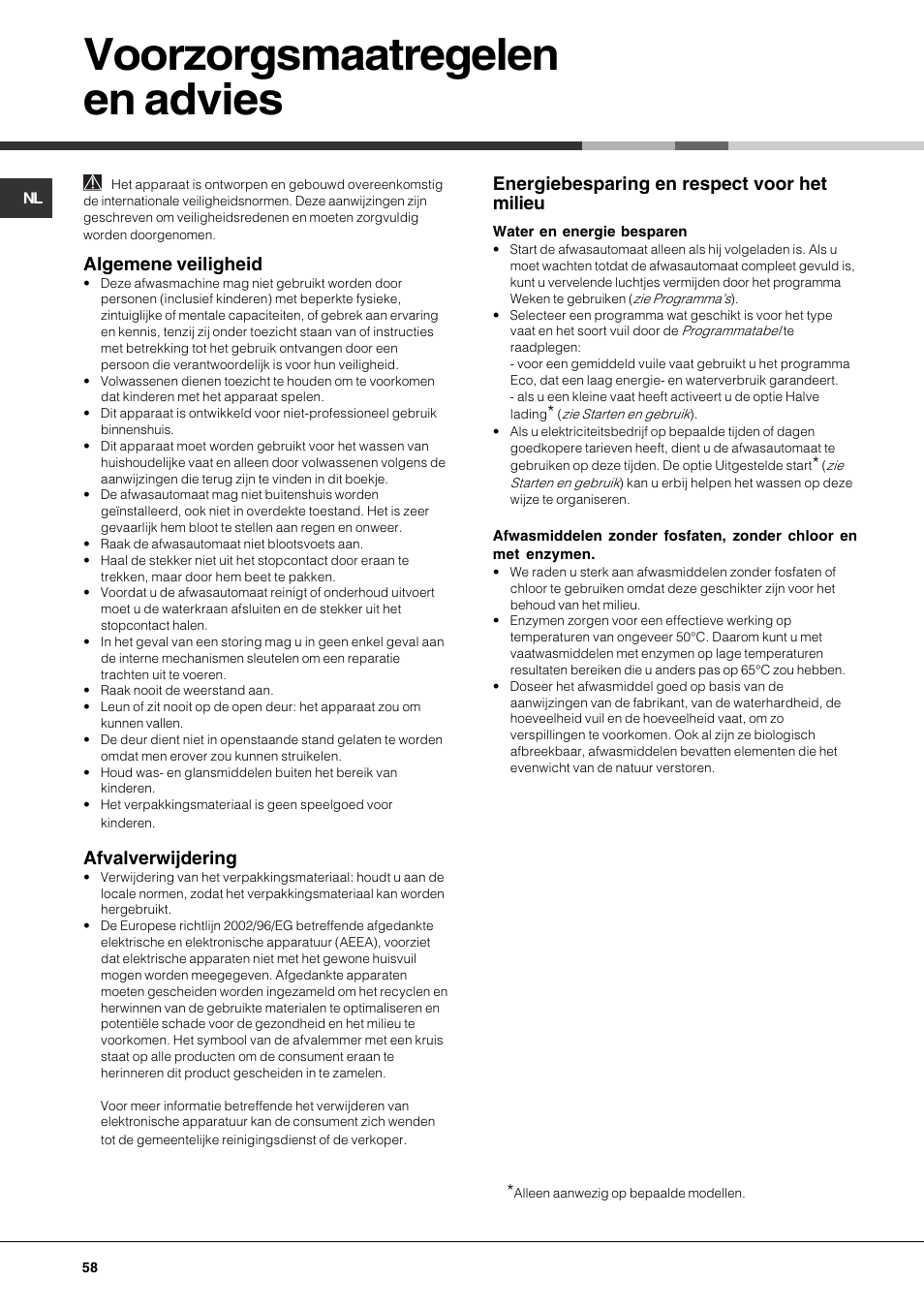 Voorzorgsmaatregelen en advies, Algemene veiligheid, Afvalverwijdering | Energiebesparing en respect voor het milieu | Hotpoint Ariston LFS 114 BK-HA User Manual | Page 58 / 84