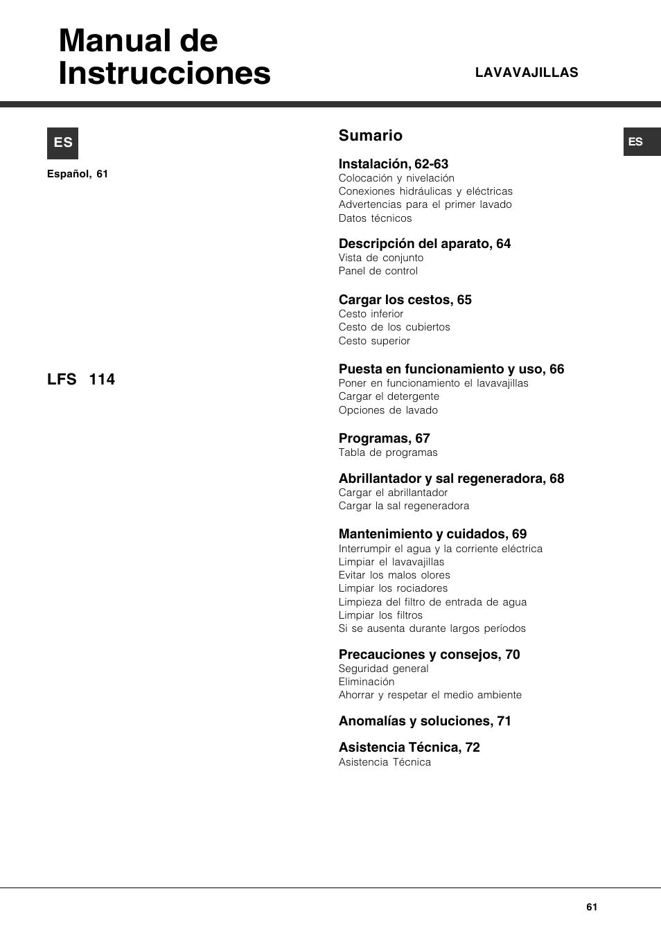 Manual de instrucciones, Sumario, Lfs 114 | Hotpoint Ariston LFS 114 BK-HA User Manual | Page 61 / 84