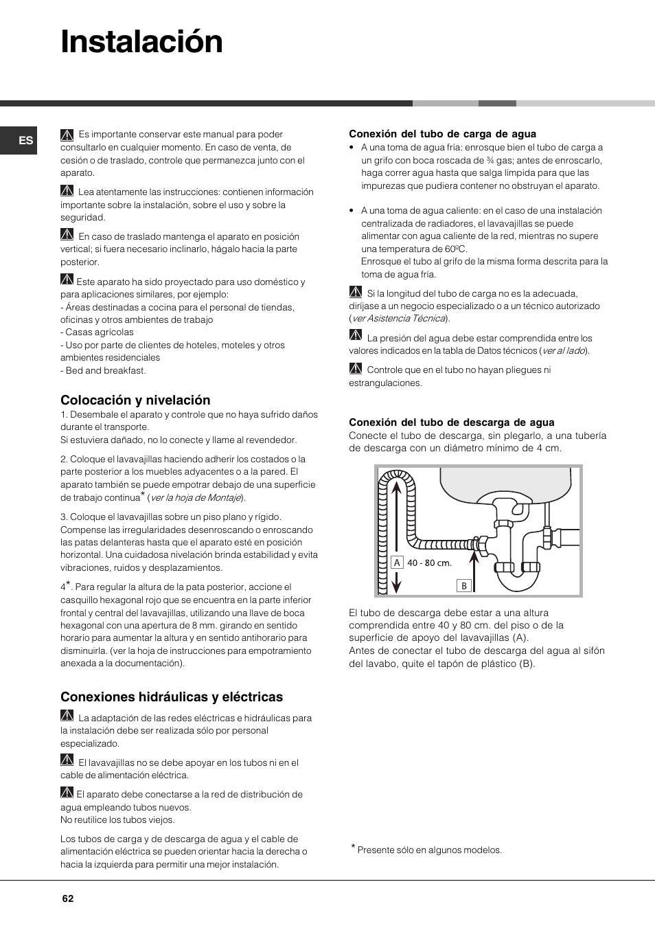 Instalación, Colocación y nivelación, Conexiones hidráulicas y eléctricas | Hotpoint Ariston LFS 114 BK-HA User Manual | Page 62 / 84
