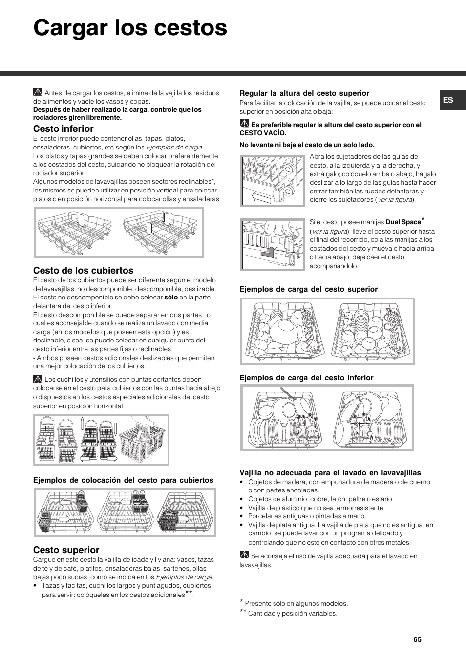 Cargar los cestos, Cesto inferior, Cesto de los cubiertos | Cesto superior | Hotpoint Ariston LFS 114 BK-HA User Manual | Page 65 / 84