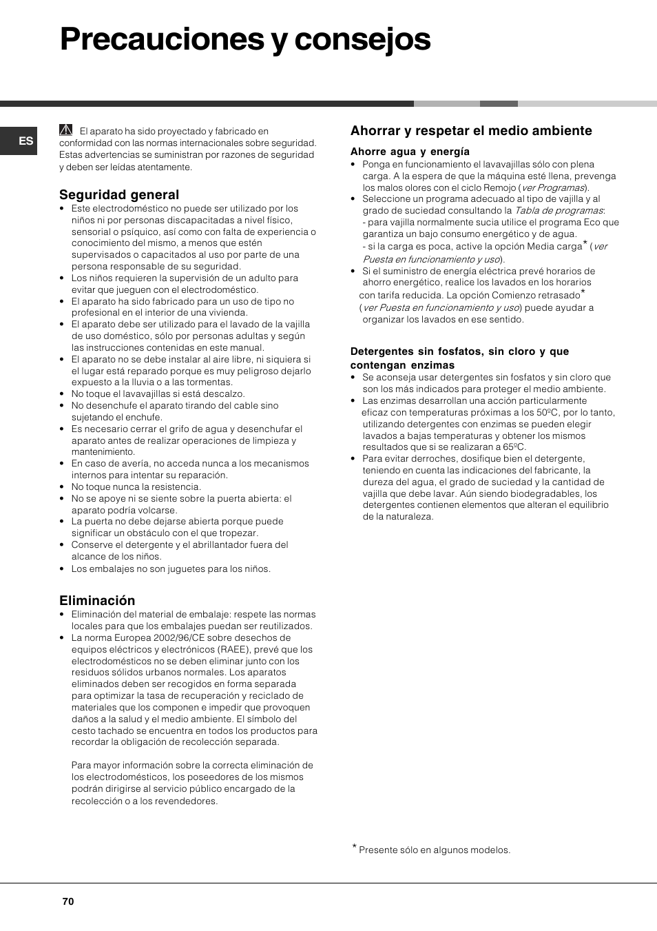 Precauciones y consejos, Seguridad general, Eliminación | Ahorrar y respetar el medio ambiente | Hotpoint Ariston LFS 114 BK-HA User Manual | Page 70 / 84