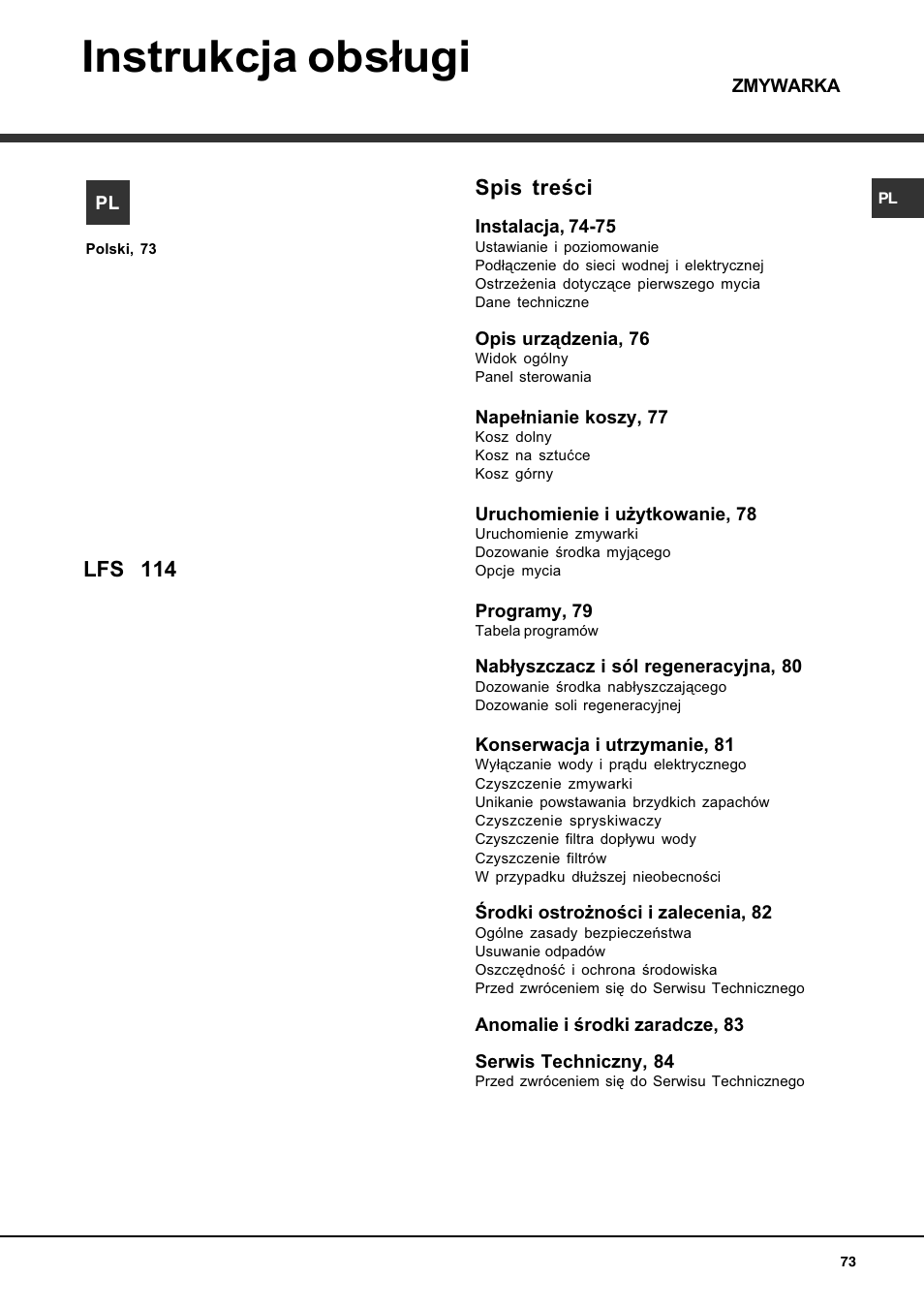 Instrukcja obs³ugi, Spis treci, Lfs 114 | Hotpoint Ariston LFS 114 BK-HA User Manual | Page 73 / 84