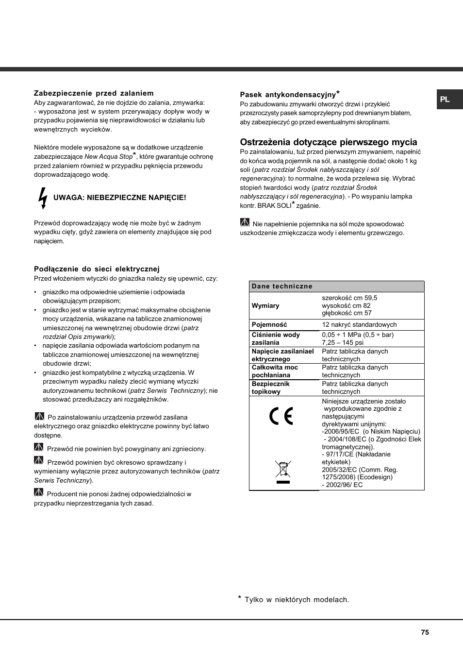 Ostrze¿enia dotycz¹ce pierwszego mycia | Hotpoint Ariston LFS 114 BK-HA User Manual | Page 75 / 84