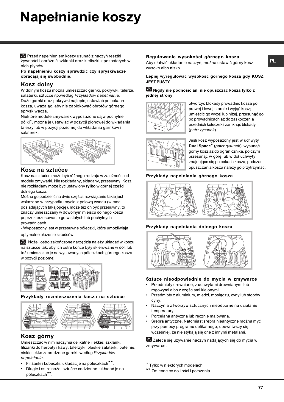 Nape³nianie koszy, Kosz dolny, Kosz na sztuæce | Kosz górny | Hotpoint Ariston LFS 114 BK-HA User Manual | Page 77 / 84