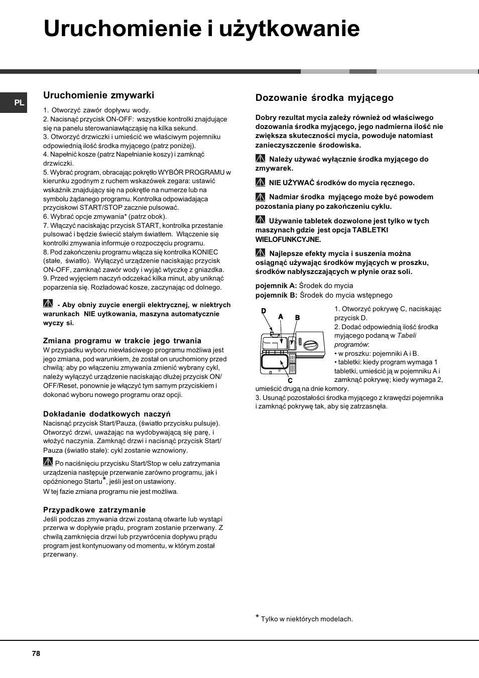 Uruchomienie i u¿ytkowanie, Dozowanie rodka myj¹cego, Uruchomienie zmywarki | Hotpoint Ariston LFS 114 BK-HA User Manual | Page 78 / 84