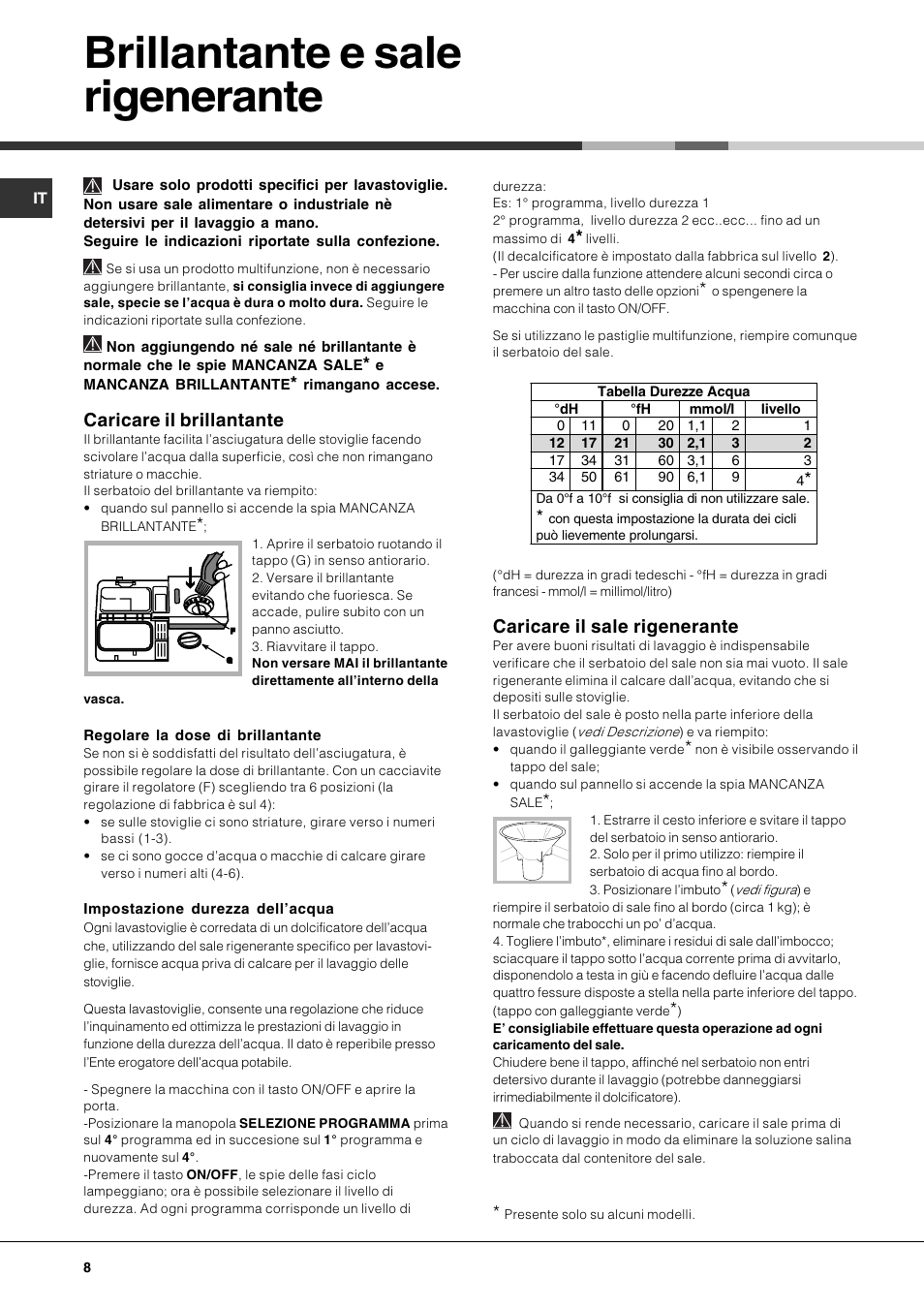 Brillantante e sale rigenerante, Caricare il brillantante, Caricare il sale rigenerante | Hotpoint Ariston LFS 114 BK-HA User Manual | Page 8 / 84