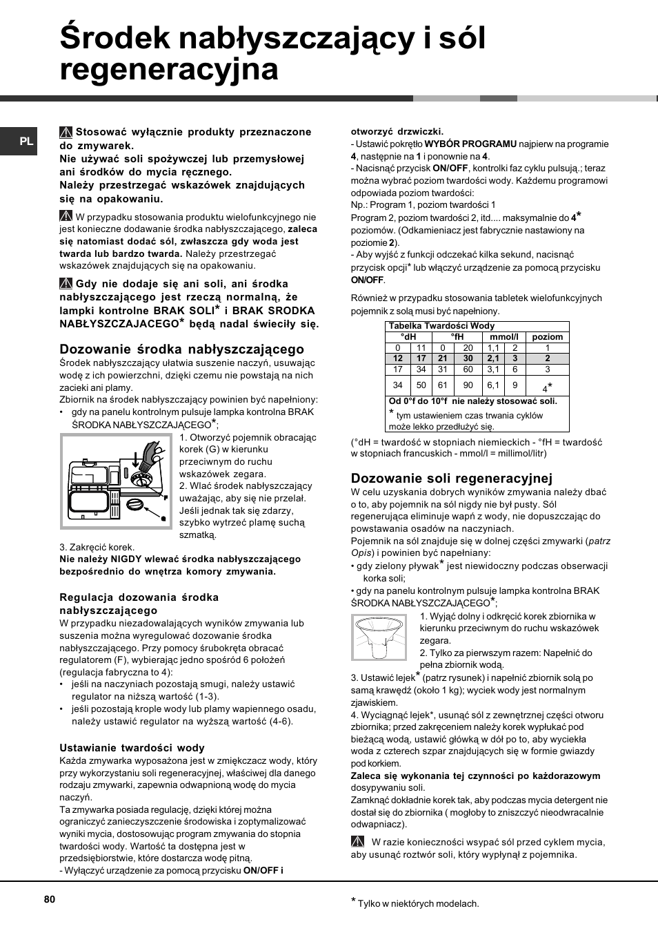 Rodek nab³yszczaj¹cy i sól regeneracyjna, Dozowanie rodka nab³yszczaj¹cego, Dozowanie soli regeneracyjnej | Hotpoint Ariston LFS 114 BK-HA User Manual | Page 80 / 84