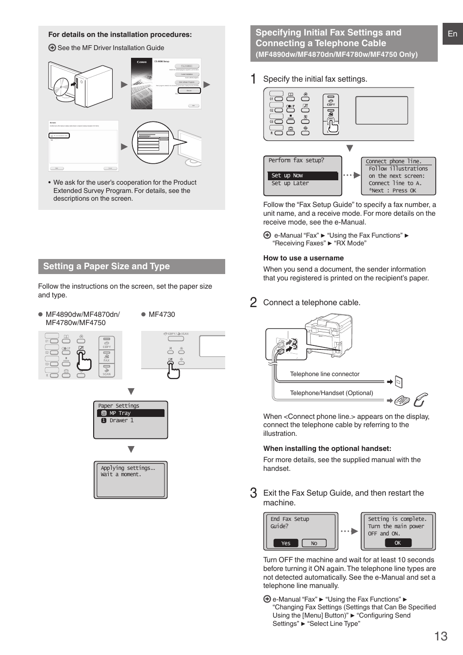 Setting a paper size and type, Specifying initial fax settings and, Connecting a telephone cable | Mf4890dw/mf4870dn/mf4780w/mf4750 only) | Canon i-SENSYS MF4870dn User Manual | Page 13 / 292