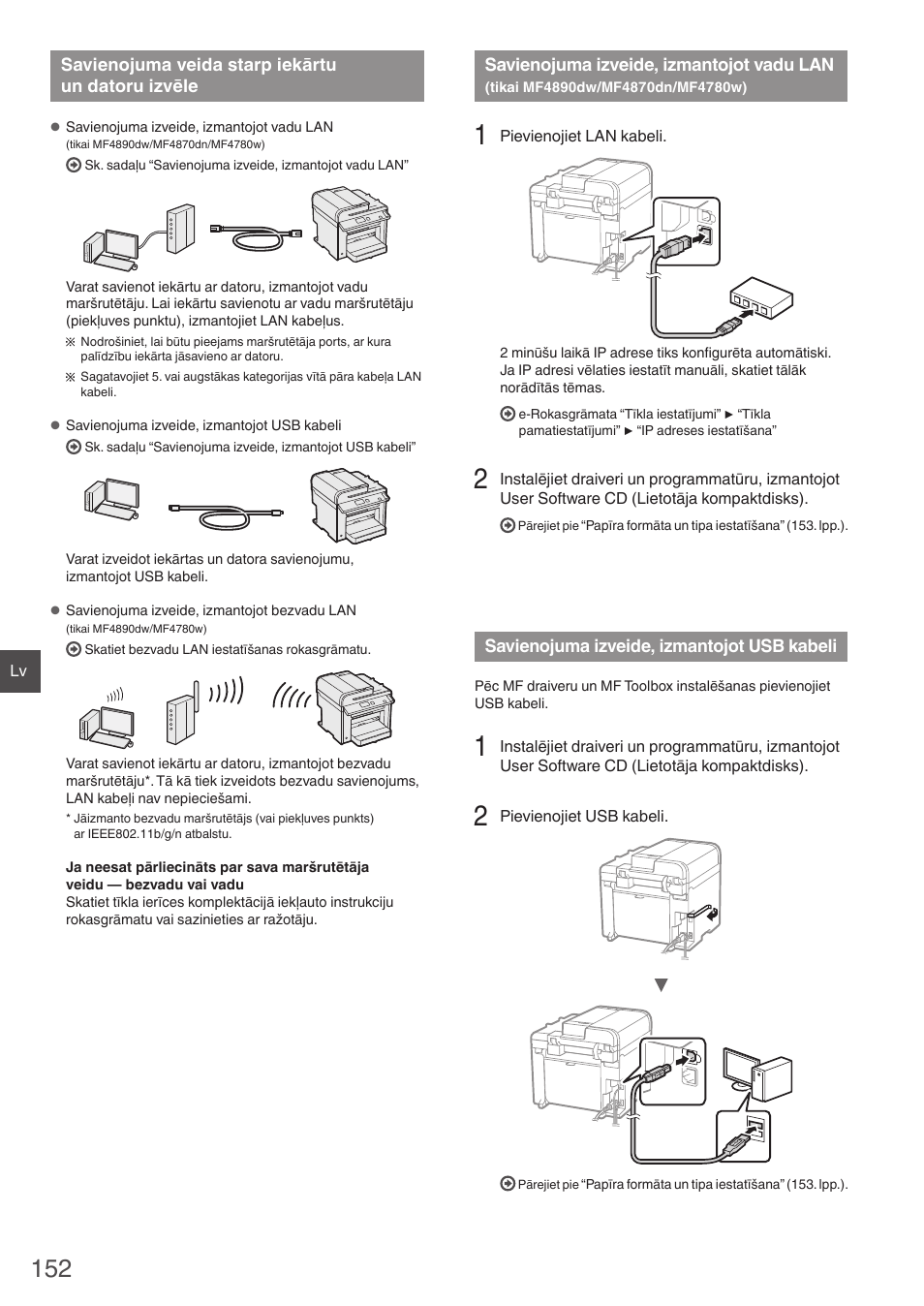 Savienojuma veida starp iekārtu, Un datoru izvēle, Savienojuma izveide, izmantojot vadu lan | Tikai mf4890dw/mf4870dn/mf4780w), Savienojuma izveide, izmantojot, Usb kabeli, Tikai mf4890dw/mf4870dn/mf4780w)” (152. lpp.) | Canon i-SENSYS MF4870dn User Manual | Page 152 / 292