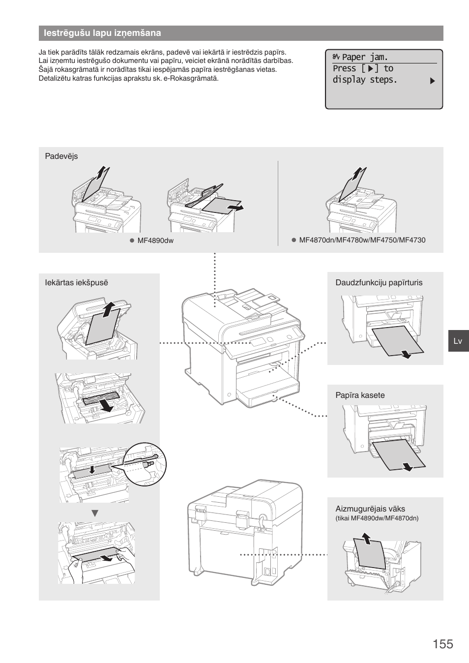 Iestrēgušu lapu izņemšana, Paper jam. press [ ] to display steps | Canon i-SENSYS MF4870dn User Manual | Page 155 / 292