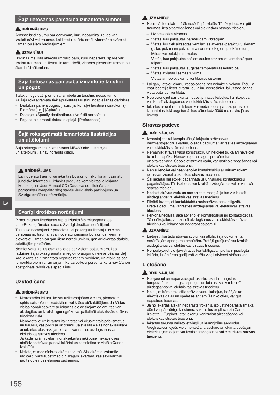 Uzstādīšana, Strāvas padeve, Lietošana | Lv šajā lietošanas pamācībā izmantotie simboli, Svarīgi drošības norādījumi | Canon i-SENSYS MF4870dn User Manual | Page 158 / 292