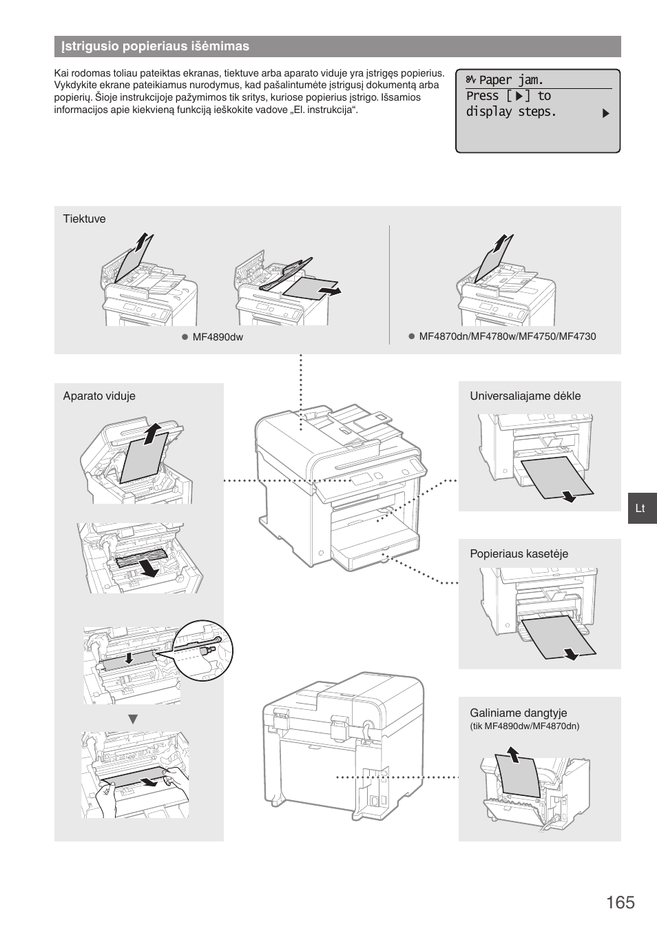 Įstrigusio popieriaus išėmimas, Paper jam. press [ ] to display steps | Canon i-SENSYS MF4870dn User Manual | Page 165 / 292