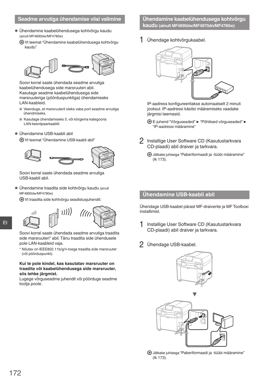 Seadme arvutiga ühendamise, Viisi valimine, Ühendamine kaabelühendusega kohtvõrgu | Kaudu, Ainult mf4890dw/mf4870dn/mf4780w), Ühendamine usb-kaabli abil, Ühendamine kaabelühendusega kohtvõrgu kaudu, Ainult mf4890dw/mf4870dn/mf4780w)” (lk 172), Ühendamine usb-kaabli abil” (lk 172) | Canon i-SENSYS MF4870dn User Manual | Page 172 / 292