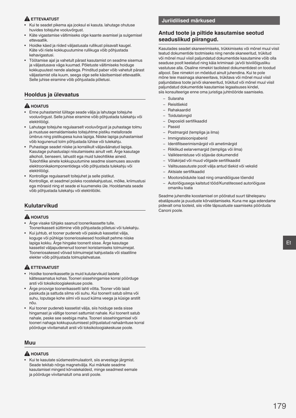 Hooldus ja ülevaatus, Kulutarvikud, Juriidilised märkused | Canon i-SENSYS MF4870dn User Manual | Page 179 / 292