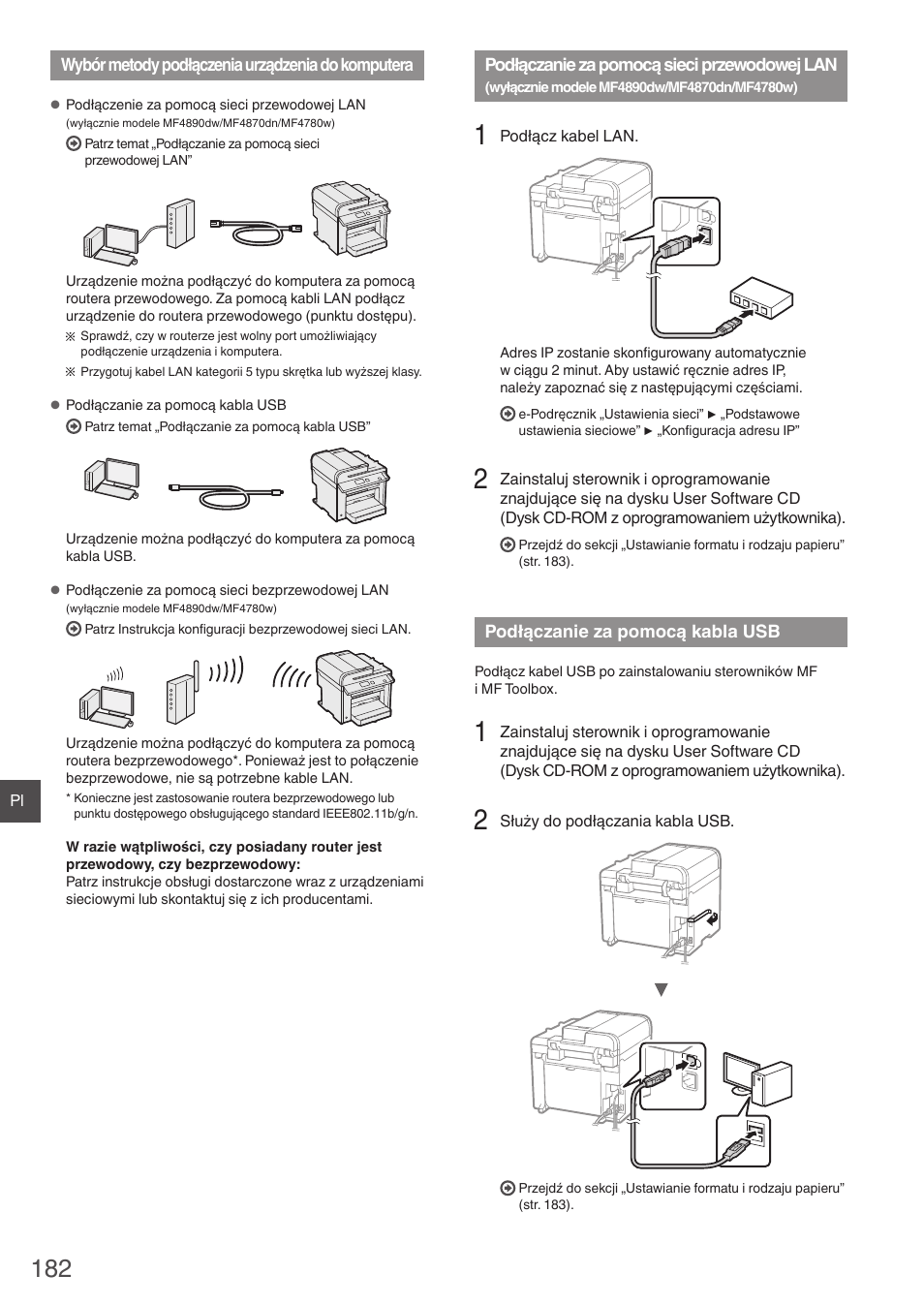 Wybór metody podłączenia urządzenia do, Komputera, Podłączanie za pomocą sieci | Przewodowej lan, Wyłącznie modele mf4890dw, Mf4870dn/mf4780w), Podłączanie za pomocą kabla usb | Canon i-SENSYS MF4870dn User Manual | Page 182 / 292