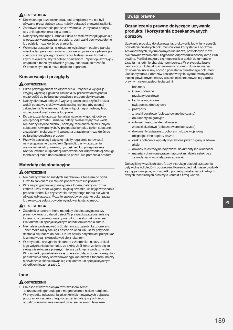 Konserwacja i przeglądy, Materiały eksploatacyjne, Inne | Uwagi prawne | Canon i-SENSYS MF4870dn User Manual | Page 189 / 292