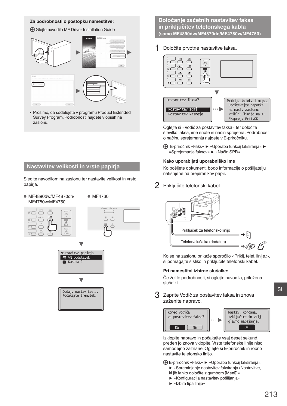 Nastavitev velikosti in vrste papirja, Določanje začetnih nastavitev faksa, In priključitev telefonskega kabla | Samo mf4890dw/mf4870dn/mf4780w/mf4750) | Canon i-SENSYS MF4870dn User Manual | Page 213 / 292