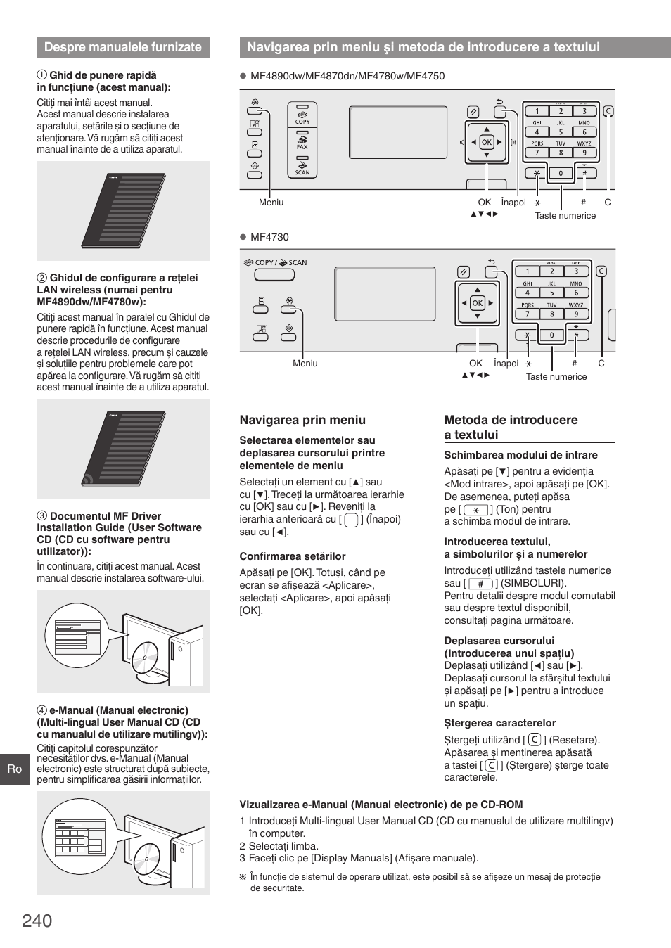 Despre manualele furnizate, Navigarea prin meniu şi metoda, De introducere a textului | Canon i-SENSYS MF4870dn User Manual | Page 240 / 292