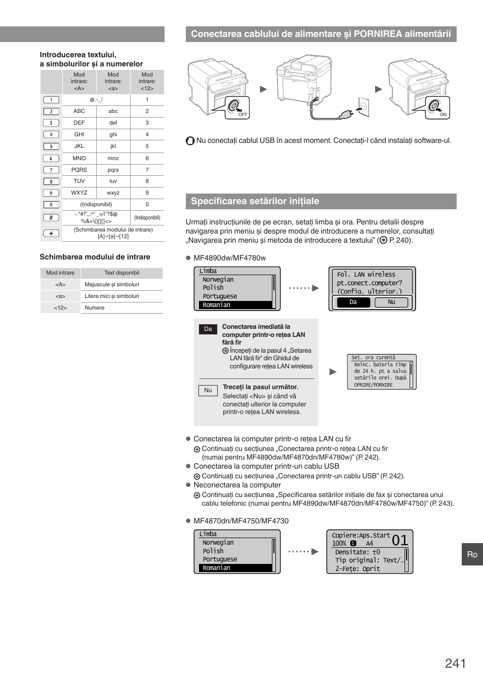 Conectarea cablului de alimentare şi, Pornirea alimentării, Specificarea setărilor iniţiale | Canon i-SENSYS MF4870dn User Manual | Page 241 / 292