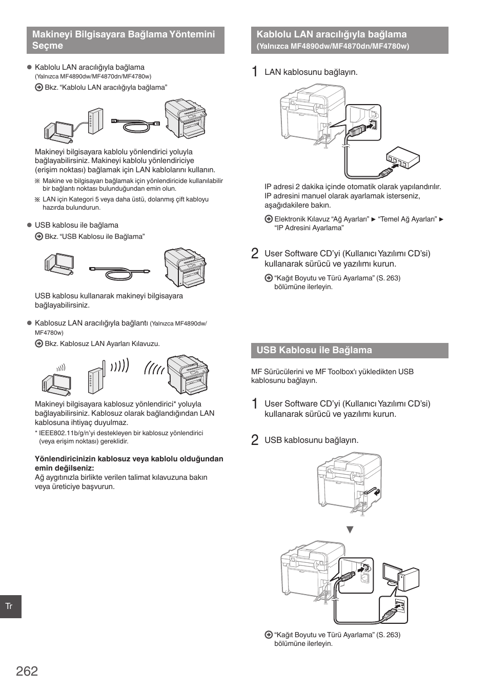 Makineyi bilgisayara bağlama yöntemini, Seçme, Kablolu lan aracılığıyla bağlama | Yalnızca mf4890dw/mf4870dn/mf4780w), Usb kablosu ile bağlama, 262) bölümüne ilerle | Canon i-SENSYS MF4870dn User Manual | Page 262 / 292