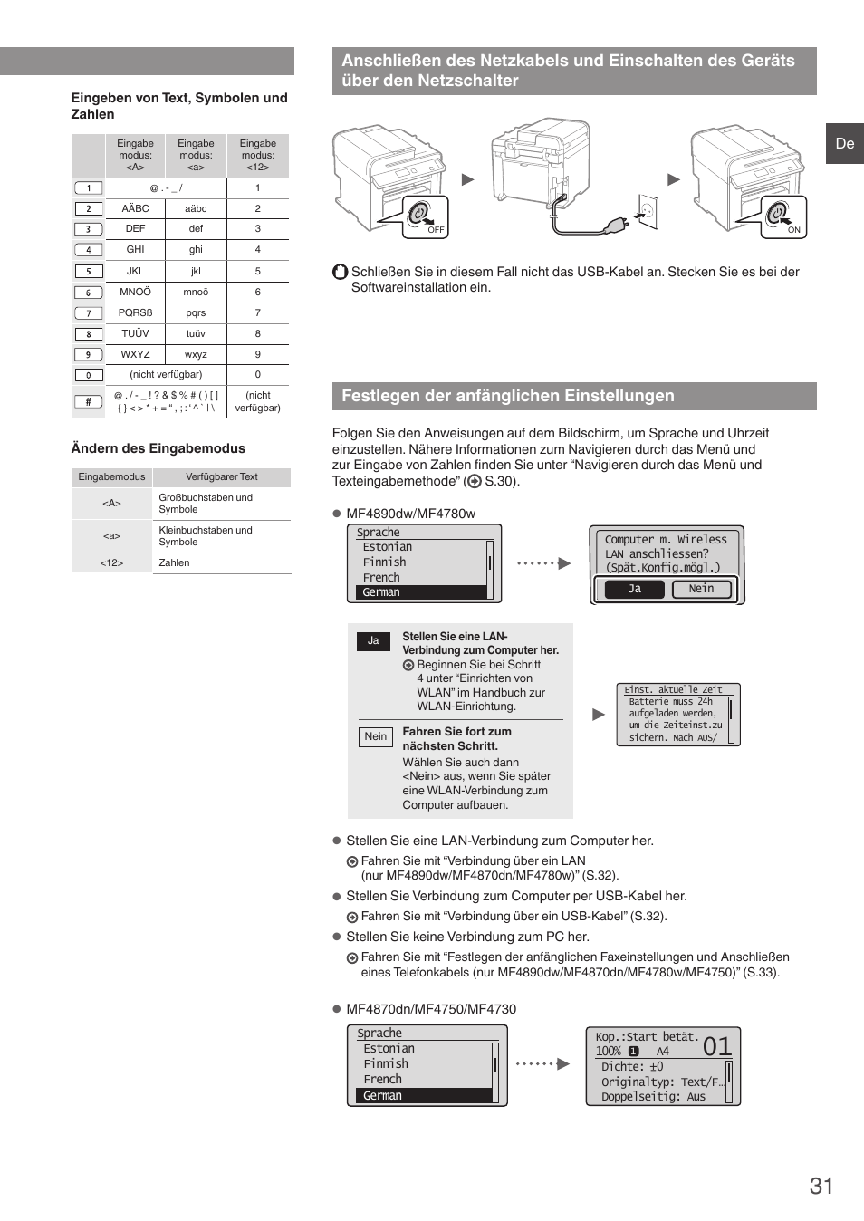 Anschließen des netzkabels und einschalten, Des geräts über den netzschalter, Festlegen der anfänglichen einstellungen | Navigieren durch das menü und texteingabemethode | Canon i-SENSYS MF4870dn User Manual | Page 31 / 292