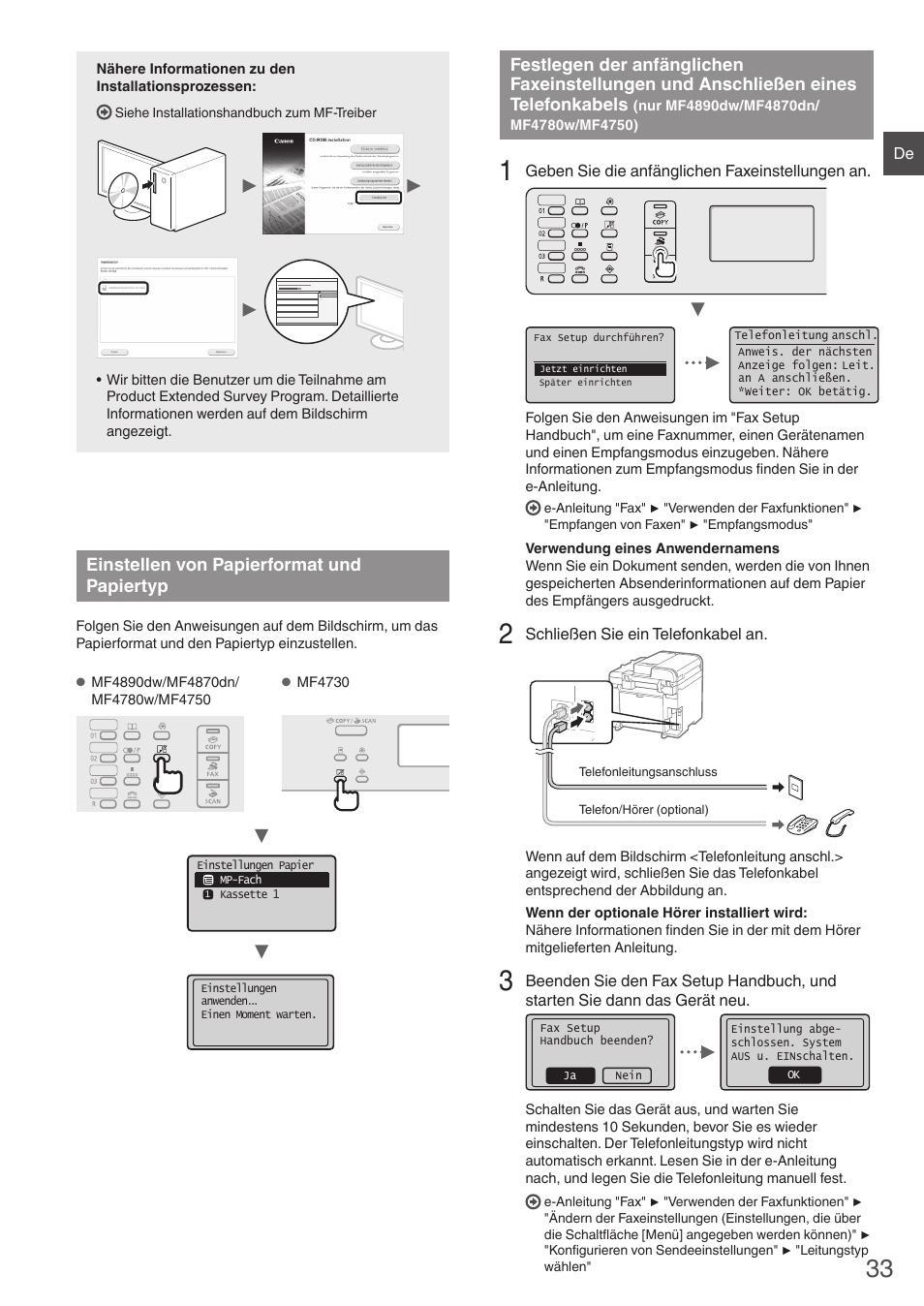 Einstellen von papierformat und papiertyp, Festlegen der anfänglichen faxeinstellungen, Und anschließen eines telefonkabels | Nur mf4890dw/mf4870dn/mf4780w/mf4750), En sie mit “einstellen von papierformat und, Papiertyp“ (s, Papiertyp“ (s.33) | Canon i-SENSYS MF4870dn User Manual | Page 33 / 292