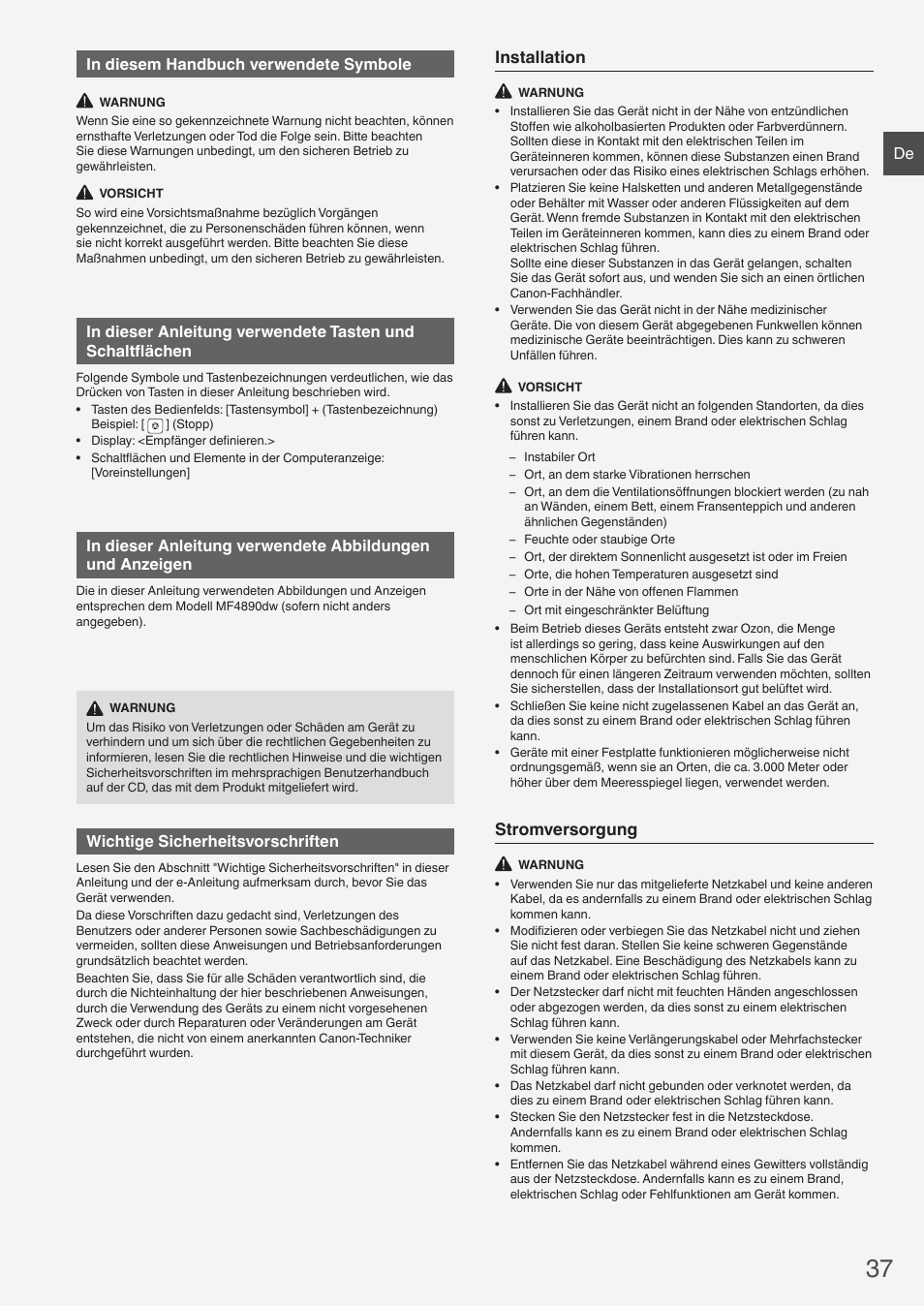 Installation, Stromversorgung, De in diesem handbuch verwendete symbole | Wichtige sicherheitsvorschriften | Canon i-SENSYS MF4870dn User Manual | Page 37 / 292