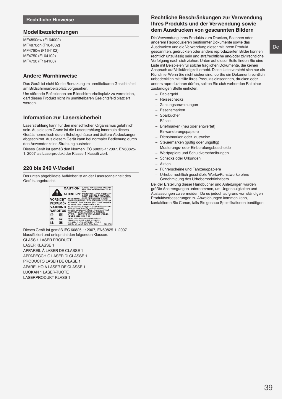 Modellbezeichnungen, Andere warnhinweise, Information zur lasersicherheit | Canon i-SENSYS MF4870dn User Manual | Page 39 / 292