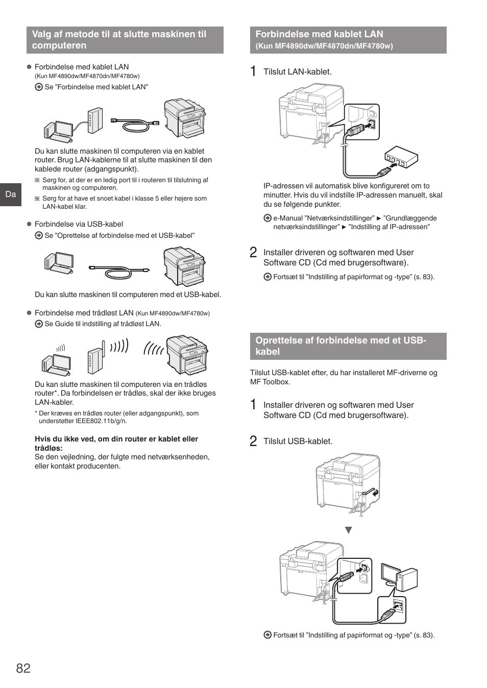 Valg af metode til at slutte maskinen til, Computeren, Forbindelse med kablet lan | Kun mf4890dw/mf4870dn/mf4780w), Oprettelse af forbindelse med et, Usb-kabel, Tsæt til ”forbindelse med kablet lan, Kun mf4890dw/mf4870dn/mf4780w)” (s. 82) | Canon i-SENSYS MF4870dn User Manual | Page 82 / 292