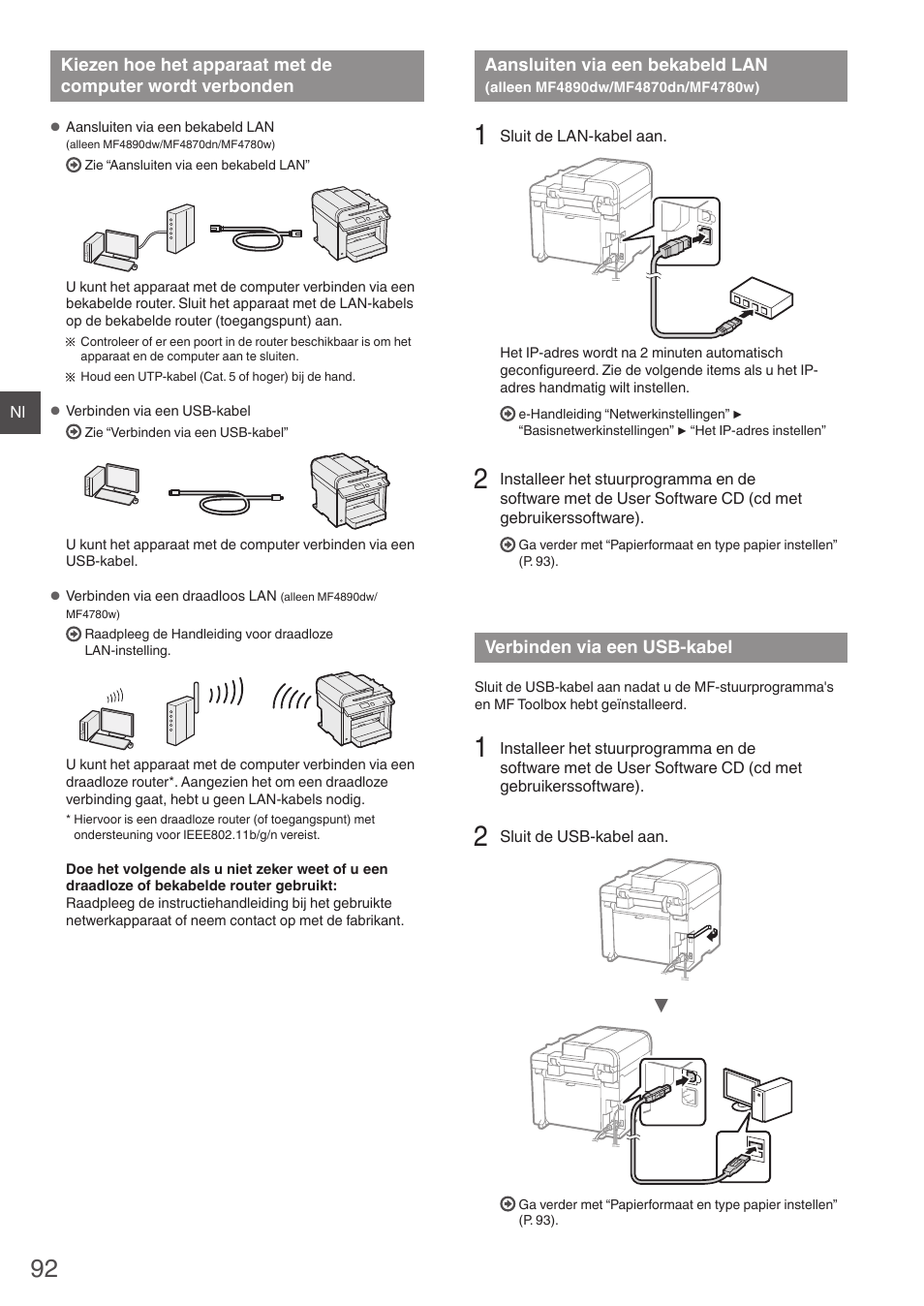 Kiezen hoe het apparaat met de computer, Wordt verbonden, Aansluiten via een bekabeld lan | Alleen mf4890dw/mf4870dn/mf4780w), Verbinden via een usb-kabel, Der met “aansluiten via een bekabeld lan, Alleen mf4890dw/mf4870dn/mf4780w)” (p. 92), Der met “verbinden via een usb-kabel” (p. 92) | Canon i-SENSYS MF4870dn User Manual | Page 92 / 292