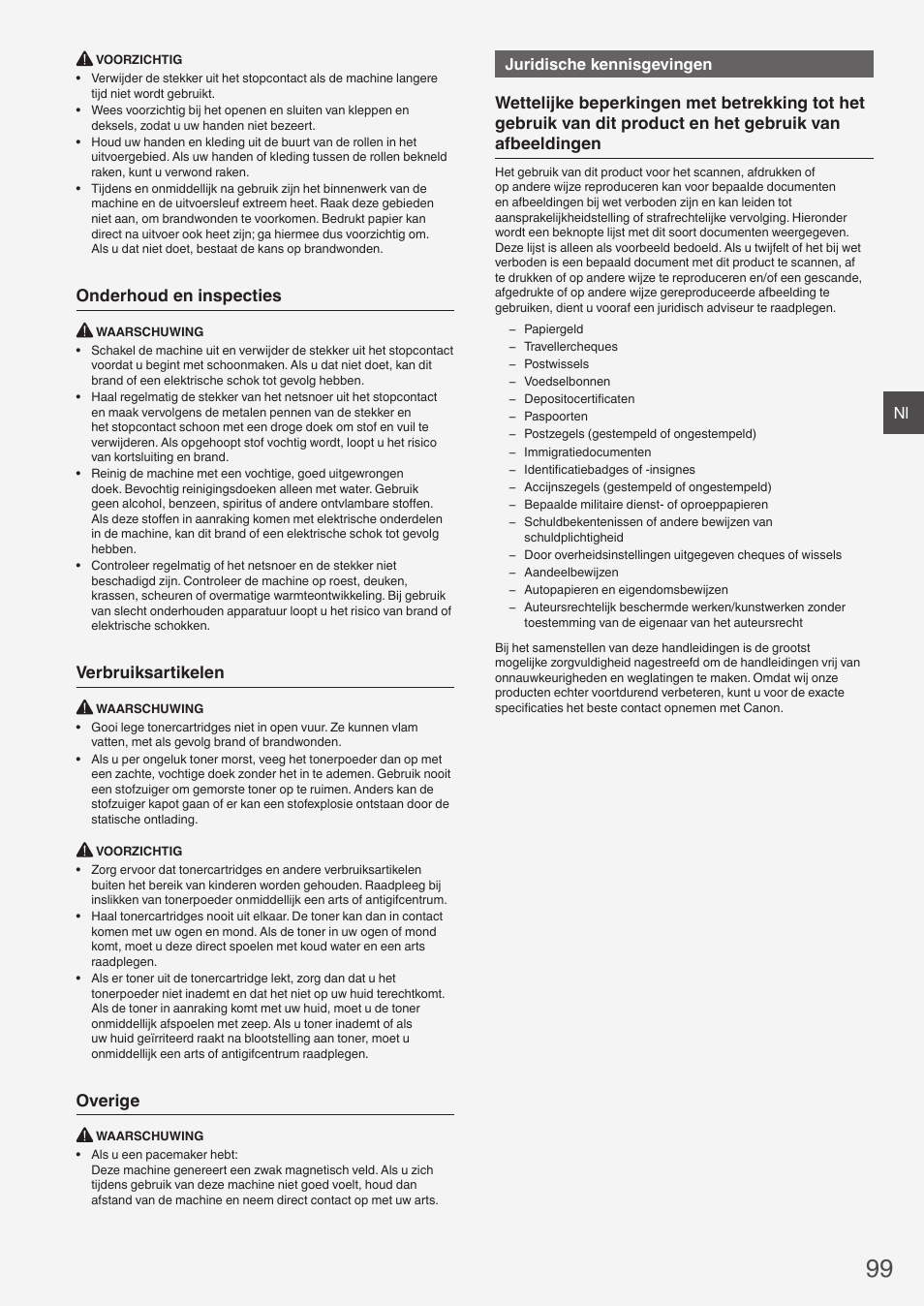 Onderhoud en inspecties, Verbruiksartikelen, Overige | Juridische kennisgevingen | Canon i-SENSYS MF4870dn User Manual | Page 99 / 292