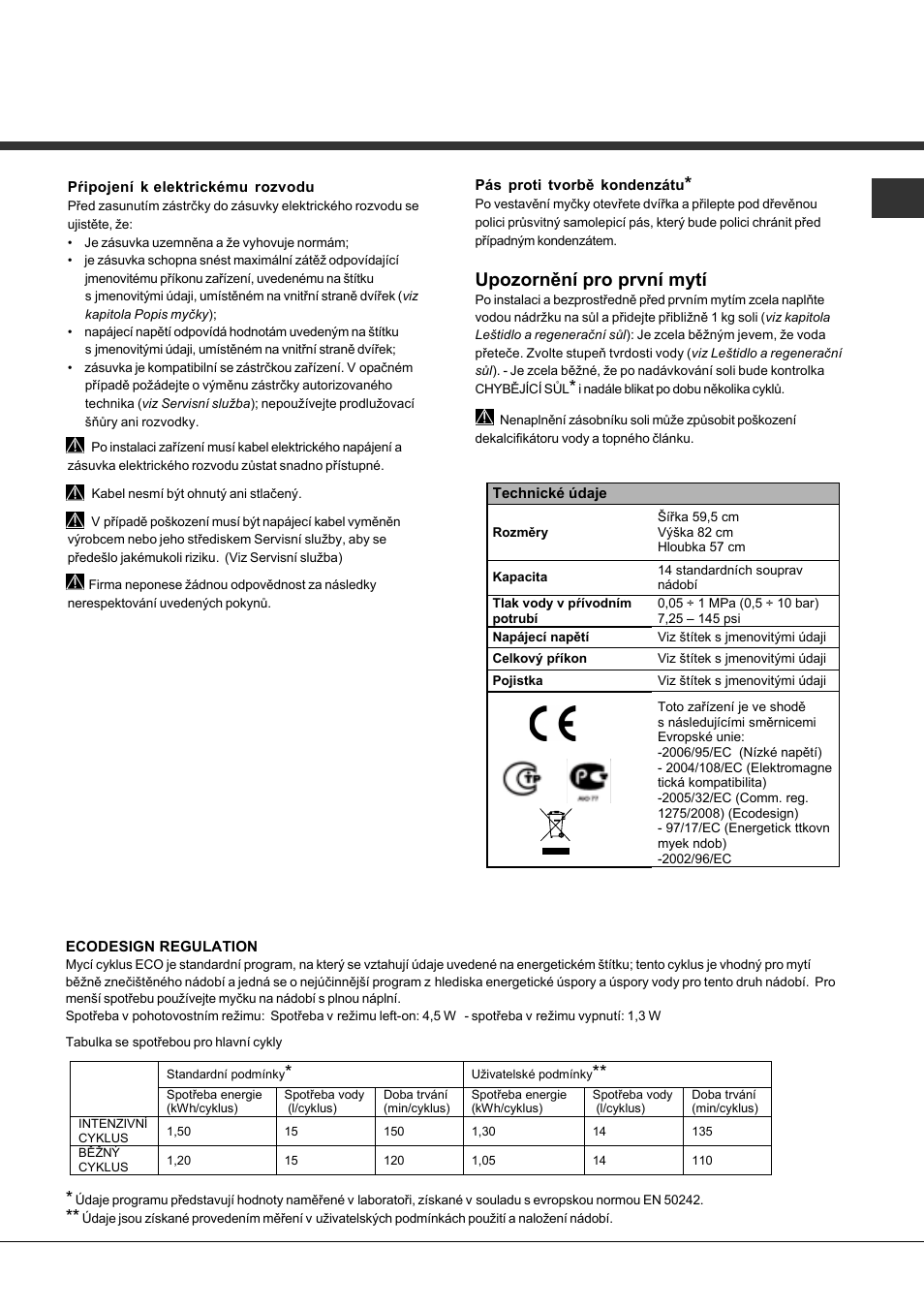 Upozornění pro první mytí | Hotpoint Ariston PFT 8H4X User Manual | Page 75 / 84