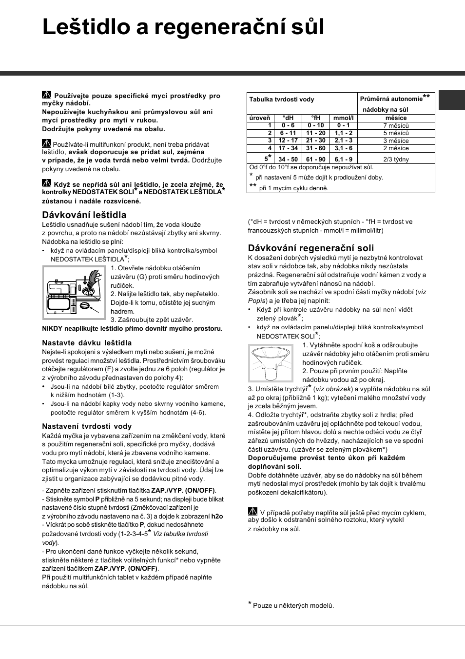 Leštidlo a regenerační sůl, Dávkování leštidla, Dávkování regenerační soli | Hotpoint Ariston PFT 8H4X User Manual | Page 81 / 84