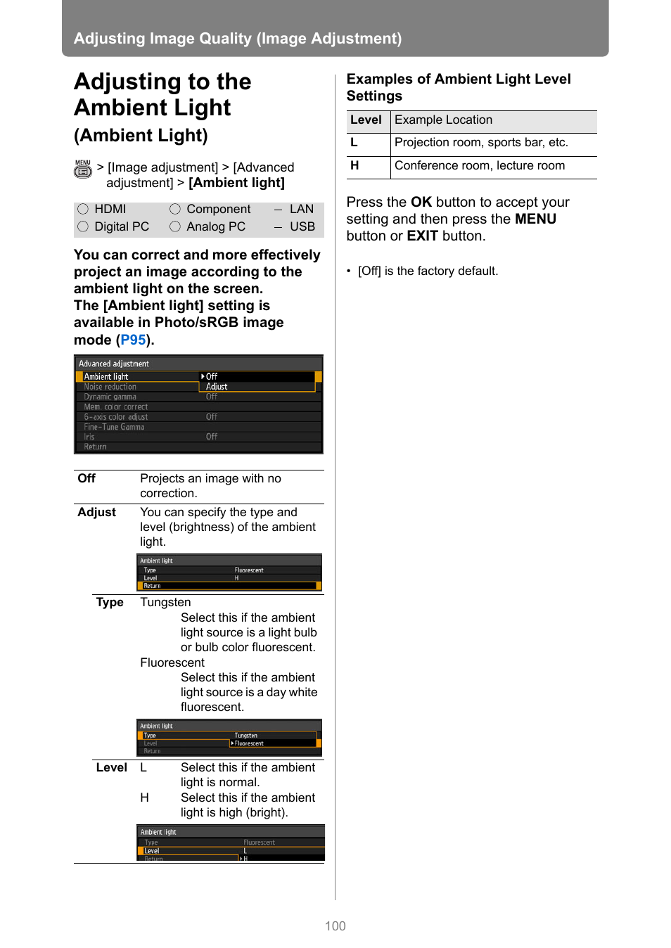 Adjusting to the ambient light (ambient light), P100, Adjusting to the ambient light | Ambient light) | Canon XEED WUX450 User Manual | Page 100 / 308