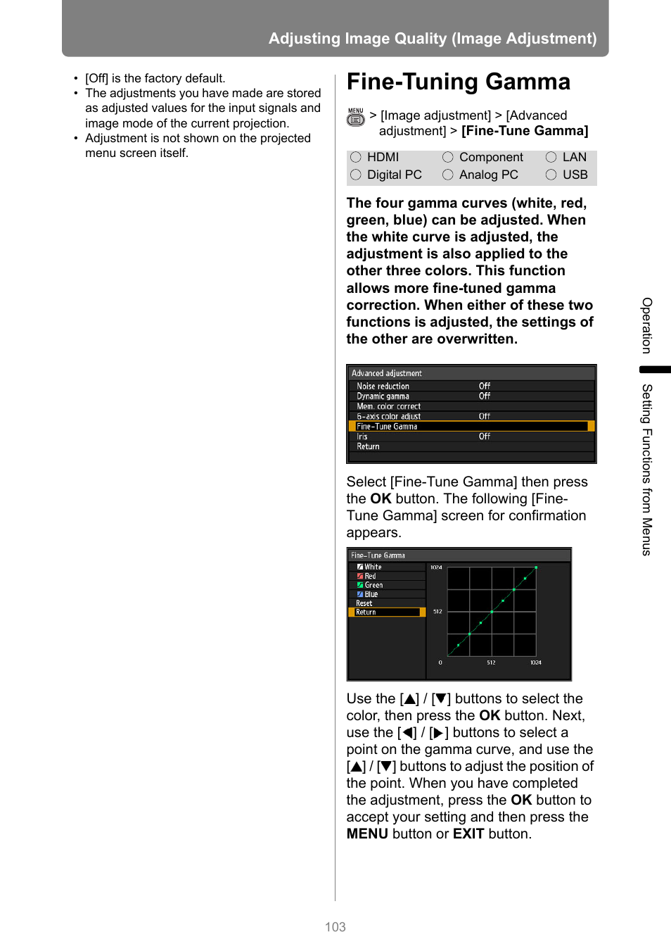 Fine-tuning gamma, P103 | Canon XEED WUX450 User Manual | Page 103 / 308