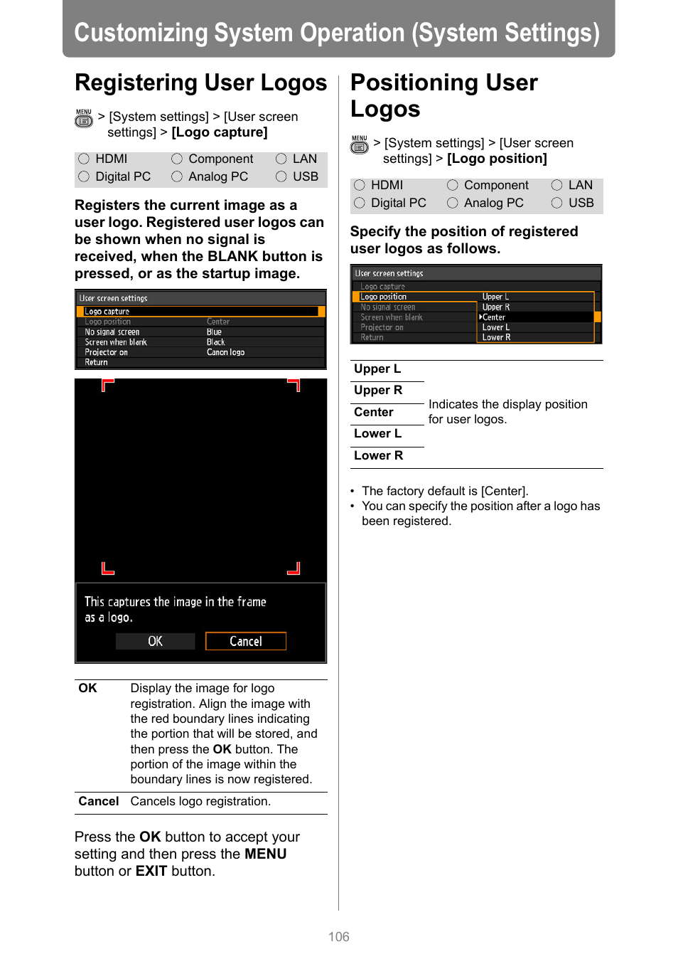 Customizing system operation (system settings), Registering user logos, Positioning user logos | Logo capture, P106 | Canon XEED WUX450 User Manual | Page 106 / 308