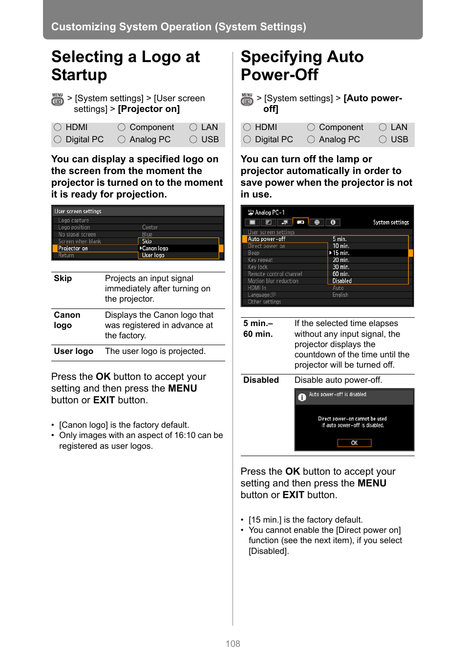 Selecting a logo at startup, Specifying auto power-off, P108 | Utes) | Canon XEED WUX450 User Manual | Page 108 / 308