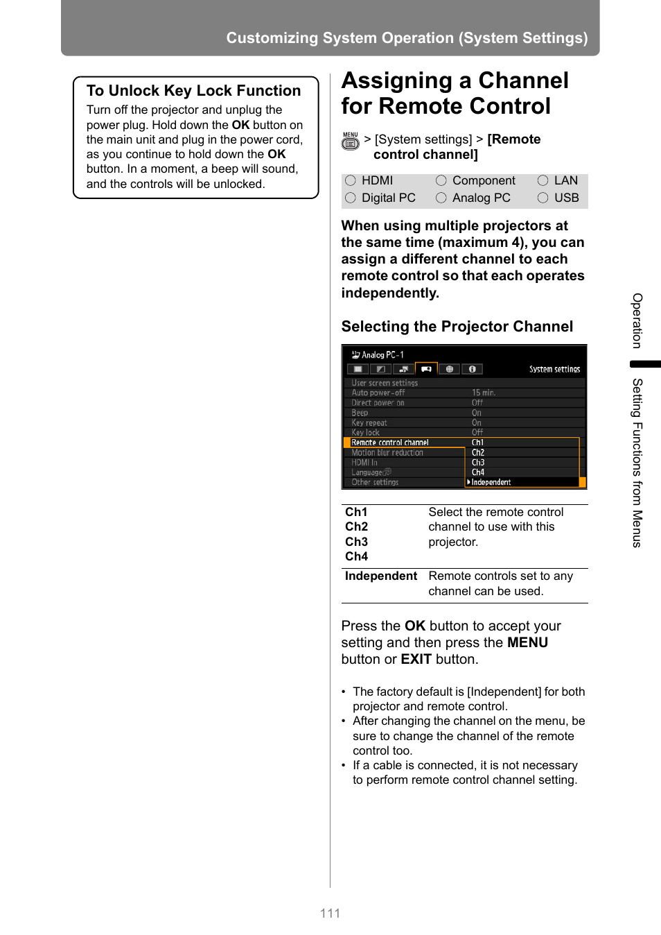 Assigning a channel for remote control, E remote control, P111 | Canon XEED WUX450 User Manual | Page 111 / 308