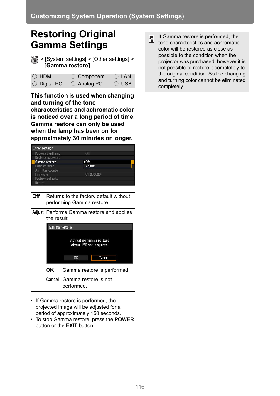 Restoring original gamma settings | Canon XEED WUX450 User Manual | Page 116 / 308