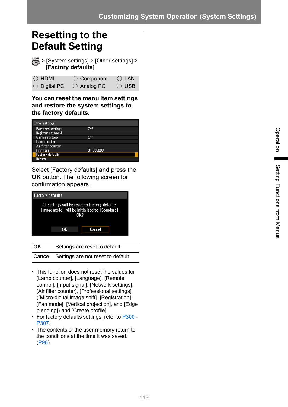 Resetting to the default setting, P119, Customizing system operation (system settings) | Canon XEED WUX450 User Manual | Page 119 / 308