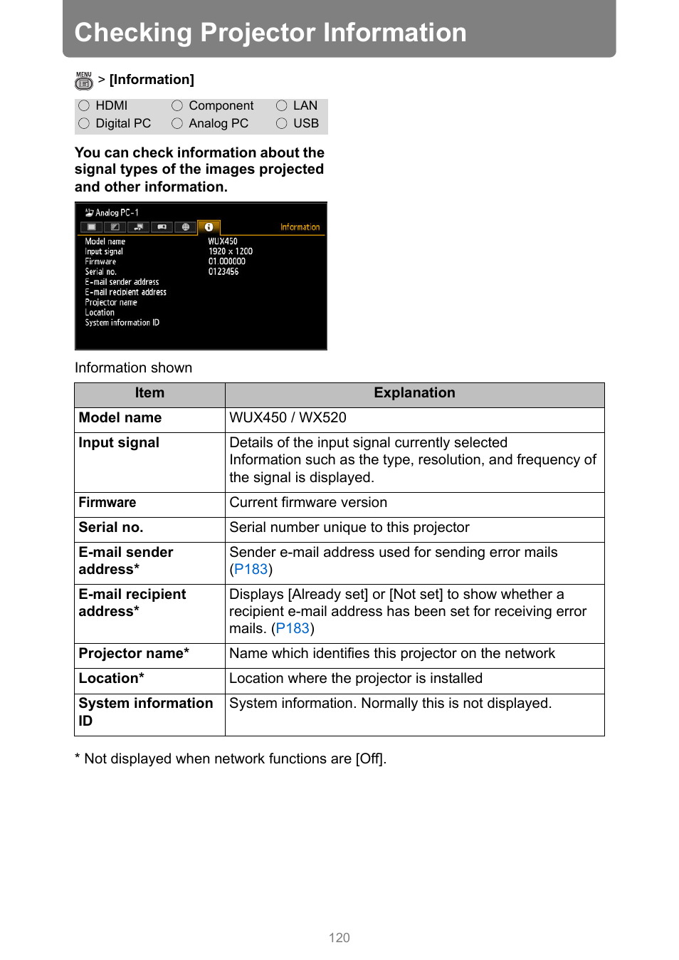 Checking projector information | Canon XEED WUX450 User Manual | Page 120 / 308