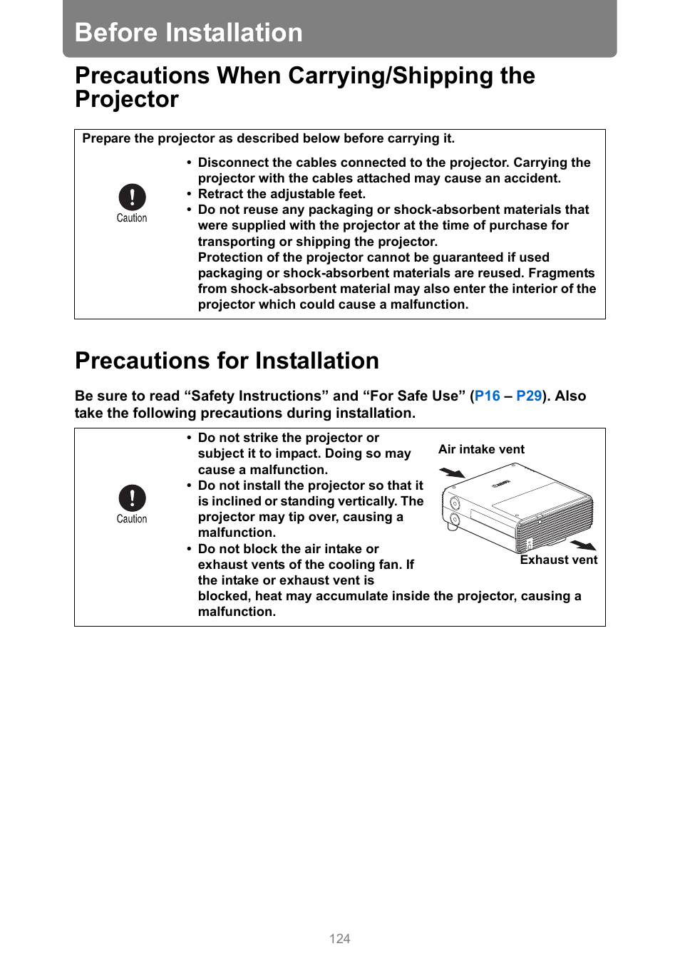 Before installation, Precautions when carrying/shipping the projector, Precautions for installation | Canon XEED WUX450 User Manual | Page 124 / 308