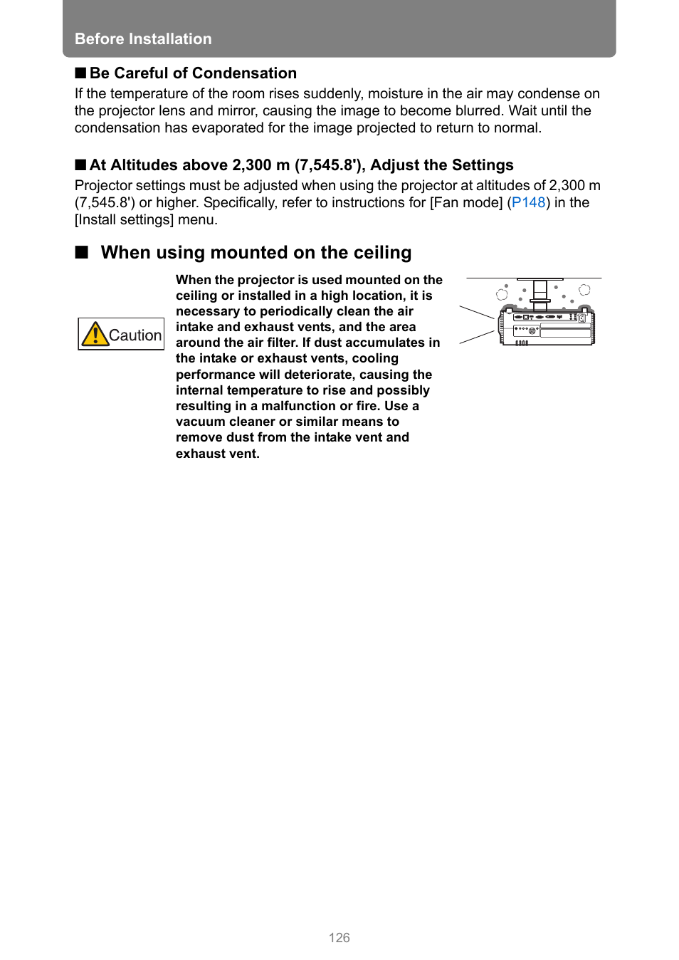 When using mounted on the ceiling | Canon XEED WUX450 User Manual | Page 126 / 308