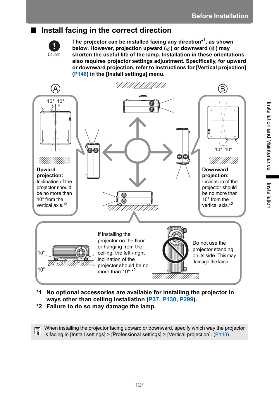 Install facing in the correct direction, Before installation | Canon XEED WUX450 User Manual | Page 127 / 308