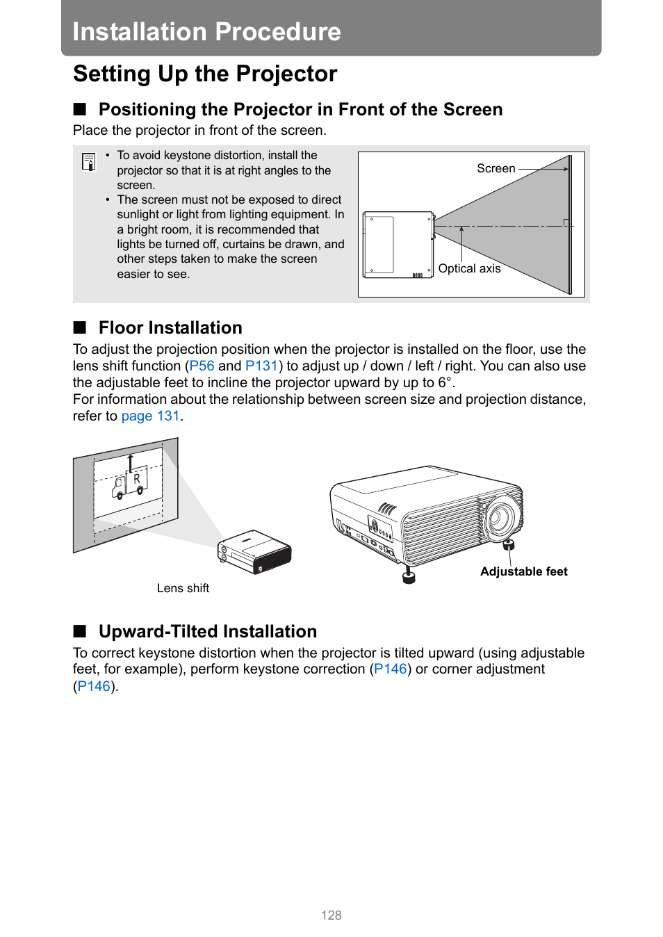 Installation procedure, Setting up the projector, Positioning the projector in front of the screen | Floor installation, Upward-tilted installation, P128 | Canon XEED WUX450 User Manual | Page 128 / 308