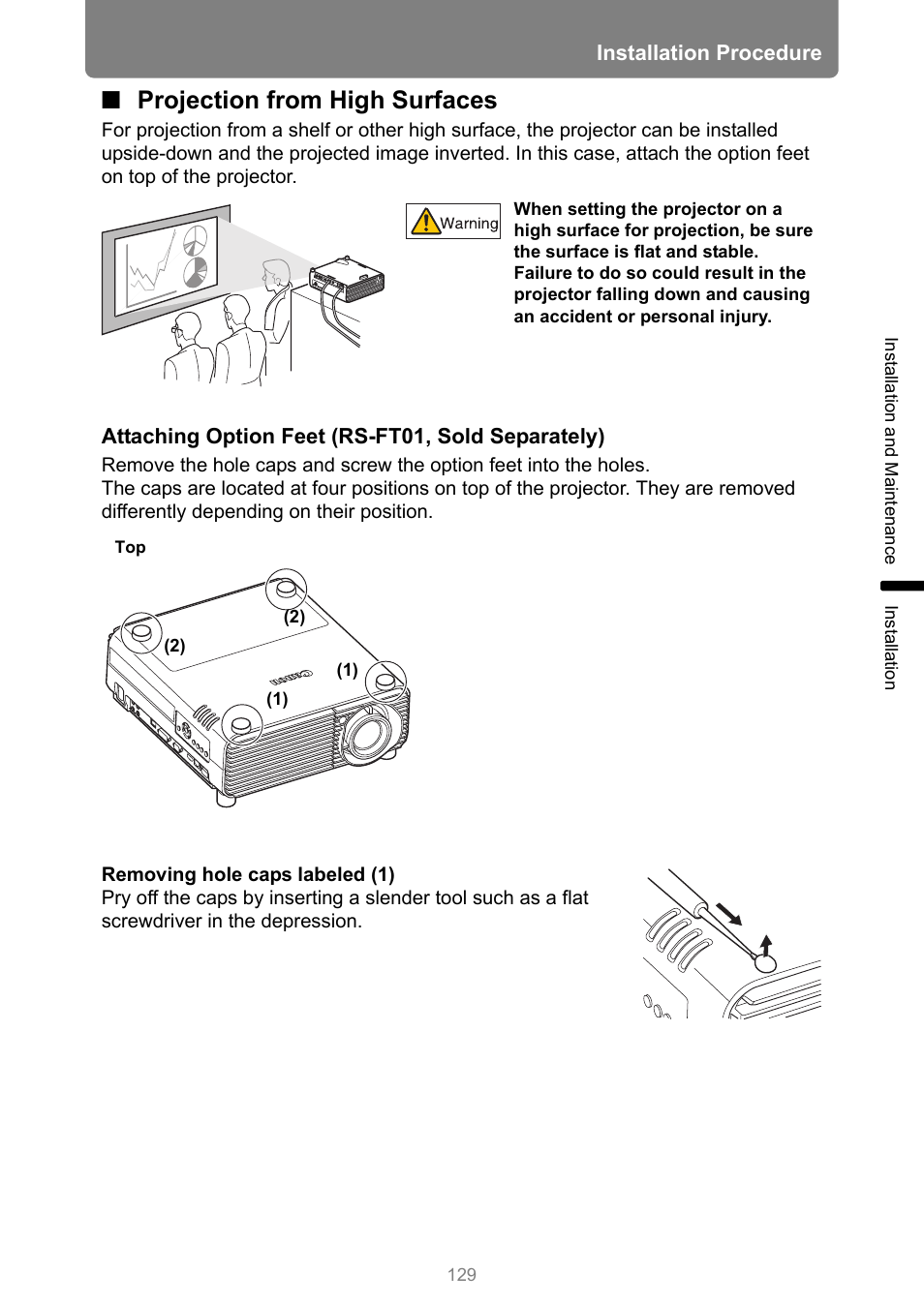 Projection from high surfaces, Hole caps, P129 | Attaching option feet (rs-ft01, sold separately) | Canon XEED WUX450 User Manual | Page 129 / 308