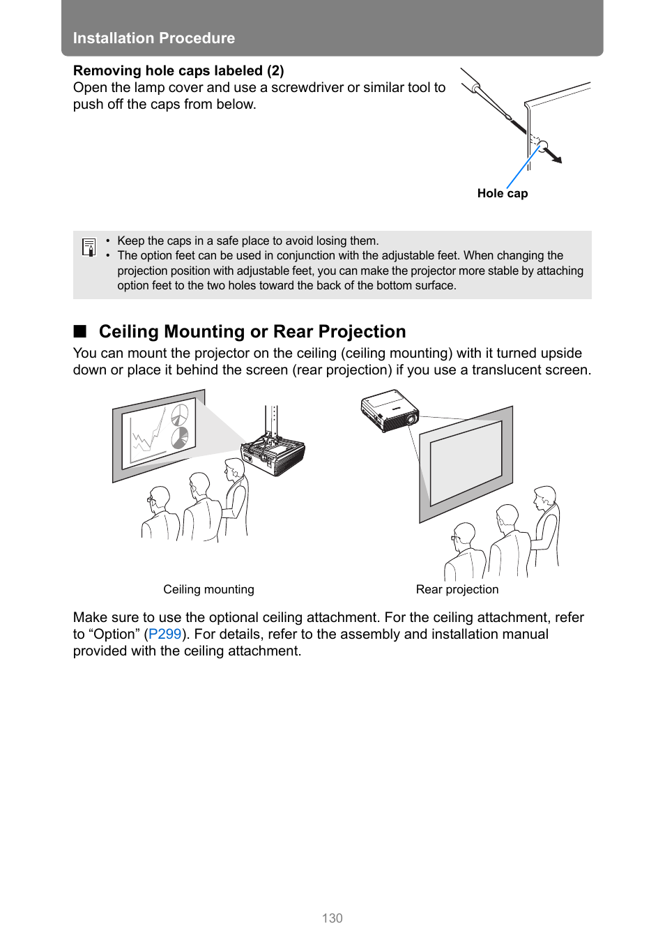 Ceiling mounting or rear projection, P130 | Canon XEED WUX450 User Manual | Page 130 / 308