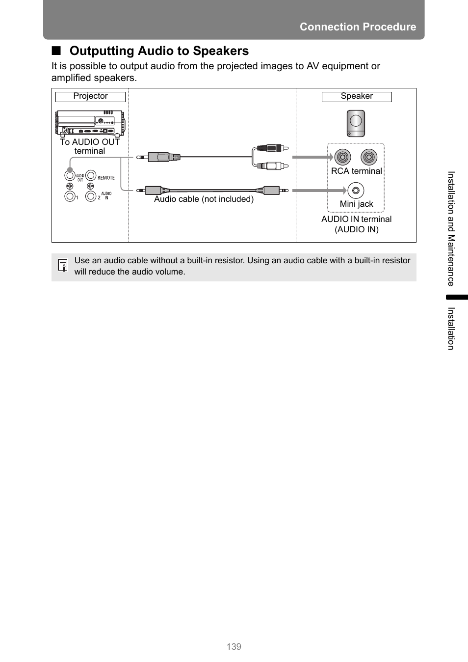 Outputting audio to speakers, P139, Connection procedure | Canon XEED WUX450 User Manual | Page 139 / 308