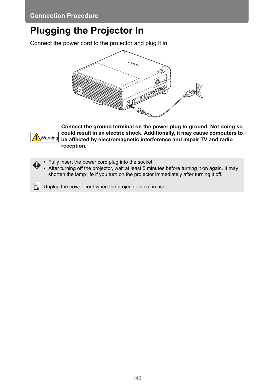Plugging the projector in, P140 | Canon XEED WUX450 User Manual | Page 140 / 308